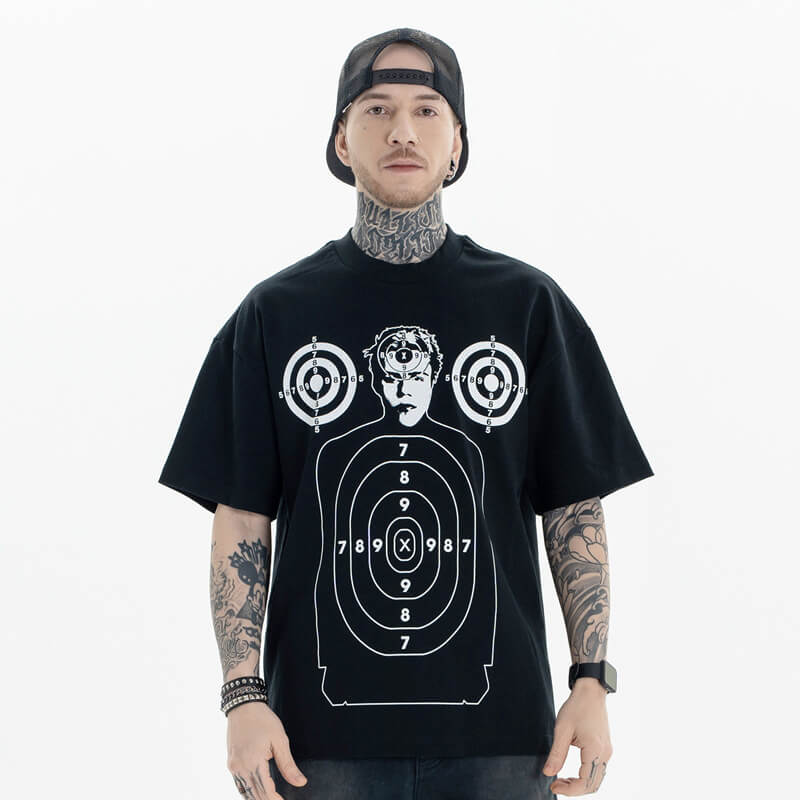 Model wearing black hip-hop style shooting graphic t-shirt front view