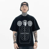 Model wearing black hip-hop style shooting graphic t-shirt front view
