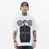 Model wearing white hip-hop style shooting graphic t-shirt front view