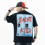 Model wearing black hip-hop style shooting graphic t-shirt back view
