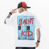 Model wearing white hip-hop style shooting graphic t-shirt back view