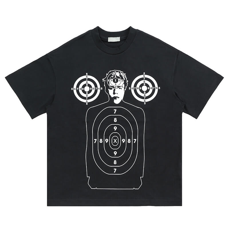Hip-hop style black shooting graphic t-shirt laid flat