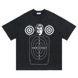 Hip-hop style black shooting graphic t-shirt laid flat
