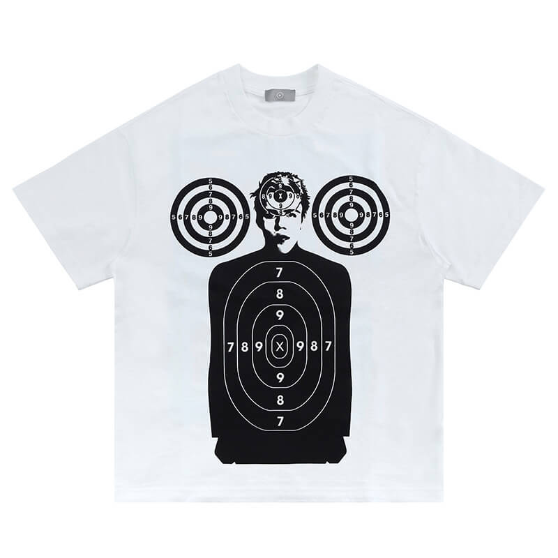 Hip-hop style white shooting graphic t-shirt laid flat