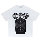 Hip-hop style white shooting graphic t-shirt laid flat