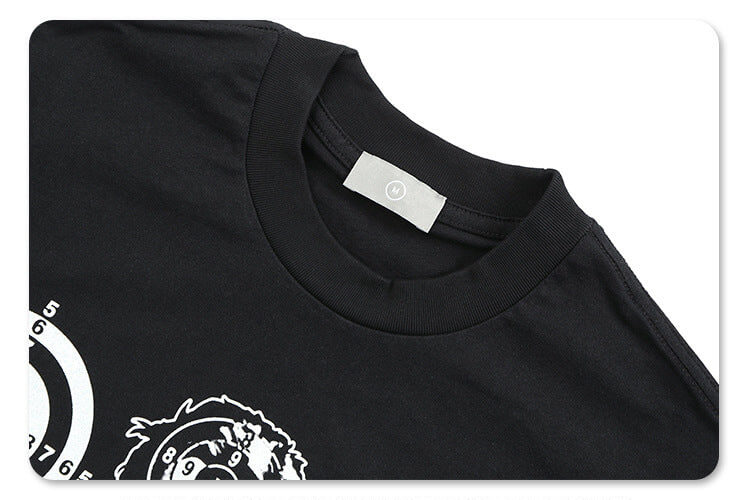Close-up of collar detail on hip-hop style graphic t-shirt