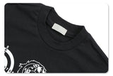 Close-up of collar detail on hip-hop style graphic t-shirt