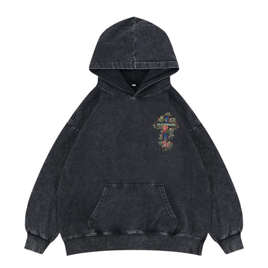 "QLACW" Logo Vintage Soft Street Cross Graphic Hoodie - Flat Lay