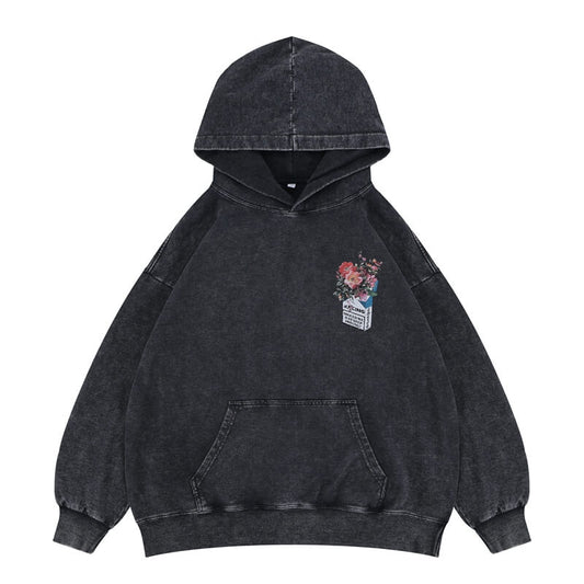 Vintage Simple Pattern Cotton Hoodie - Model Wearing - Washed Black - Flat Lay