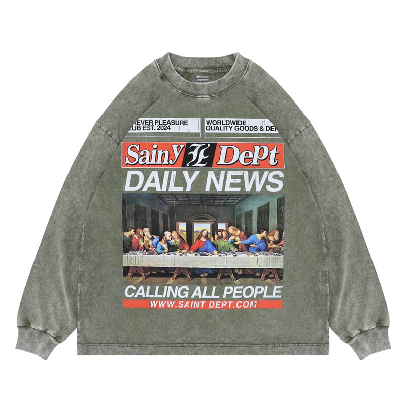 "The Last Supper" Oversized Vintage Wash Graphic CrewNeck Long Sleeve T-Shirt
