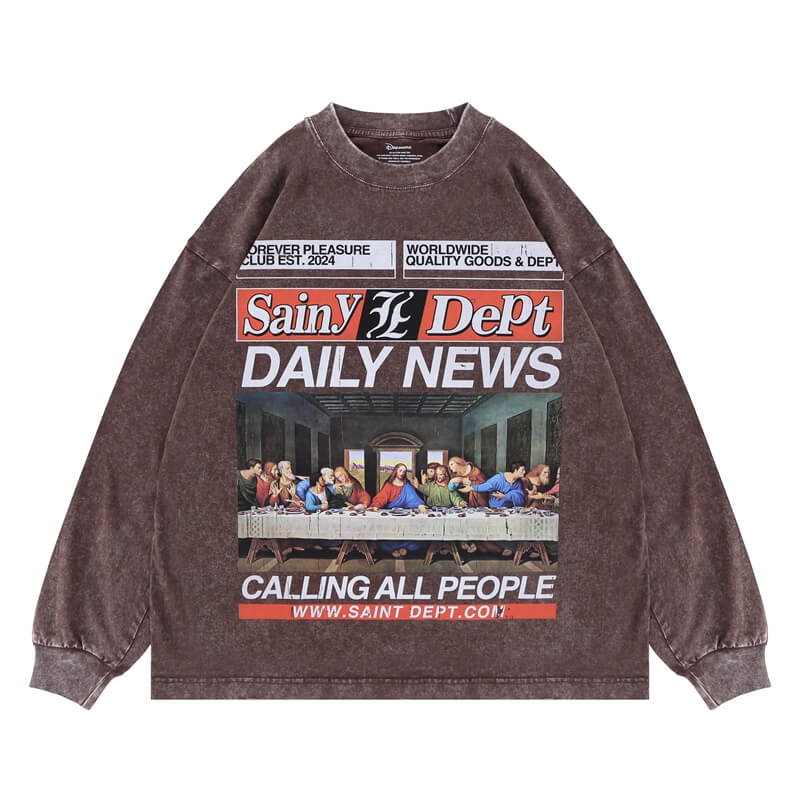 "The Last Supper" Oversized Vintage Wash Graphic CrewNeck Long Sleeve T-Shirt