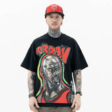 Model wearing Jordan 23 graphic T-shirt, front view showing bold graphic design and casual fit