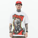 Model wearing Jordan 23 graphic T-shirt, front view showing bold graphic design and casual fit