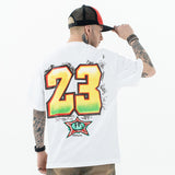 Model wearing Jordan 23 graphic T-shirt, back view highlighting clean and simple details