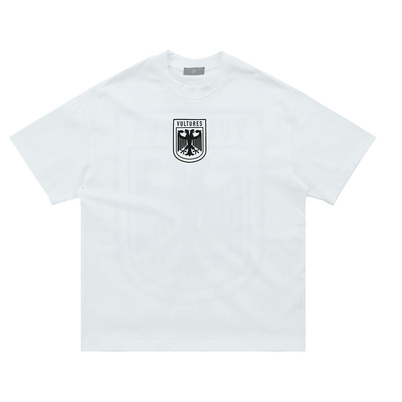 Flat lay of white kanye west vultures graphic t-shirt.