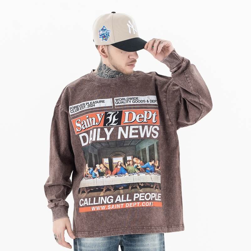 "The Last Supper" Oversized Vintage Wash Graphic CrewNeck Long Sleeve T-Shirt