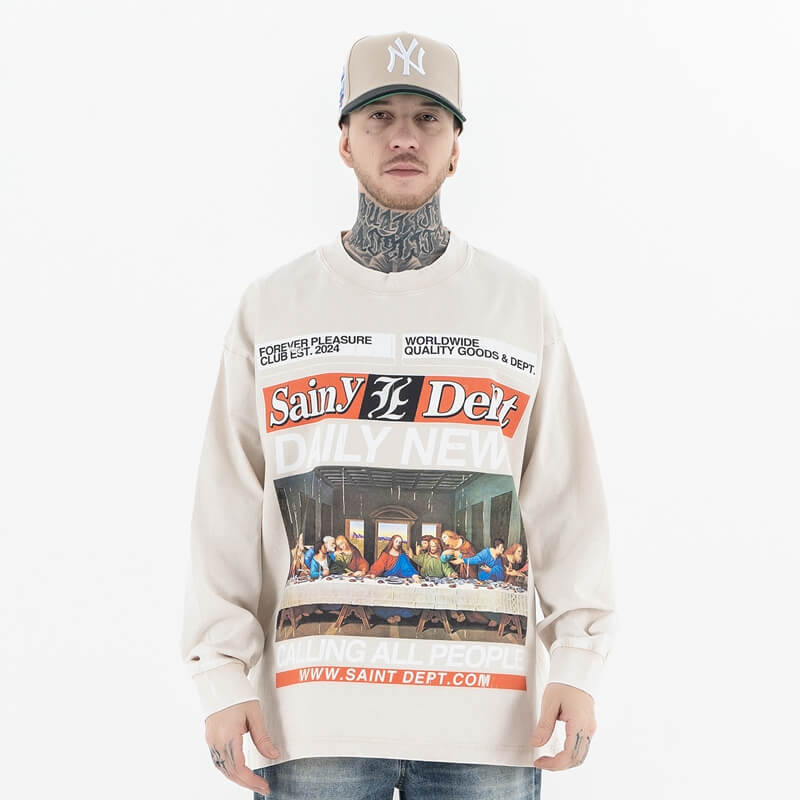 "The Last Supper" Oversized Vintage Wash Graphic CrewNeck Long Sleeve T-Shirt