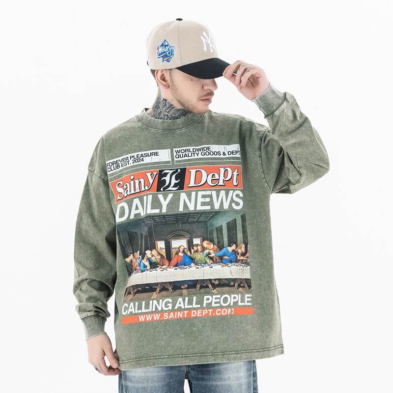 "The Last Supper" Oversized Vintage Wash Graphic CrewNeck Long Sleeve T-Shirt