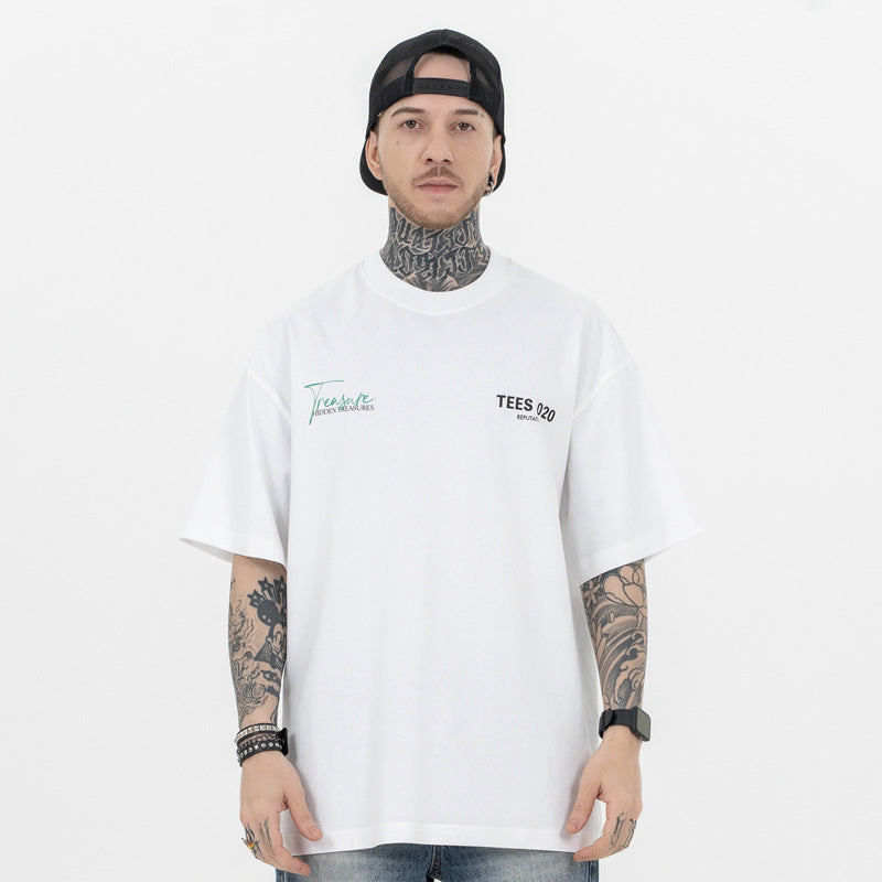 Model front view minimal art style 020 letter graphic t-shirt.