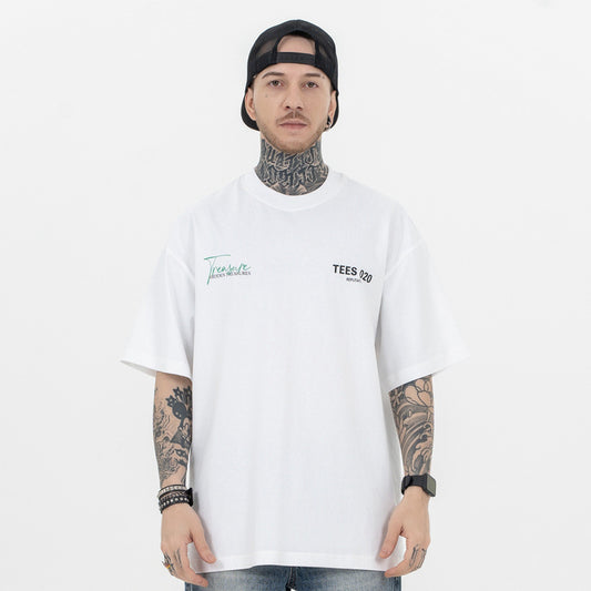 Model front view minimal art style 020 letter graphic t-shirt.