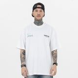 Model front view minimal art style 020 letter graphic t-shirt.