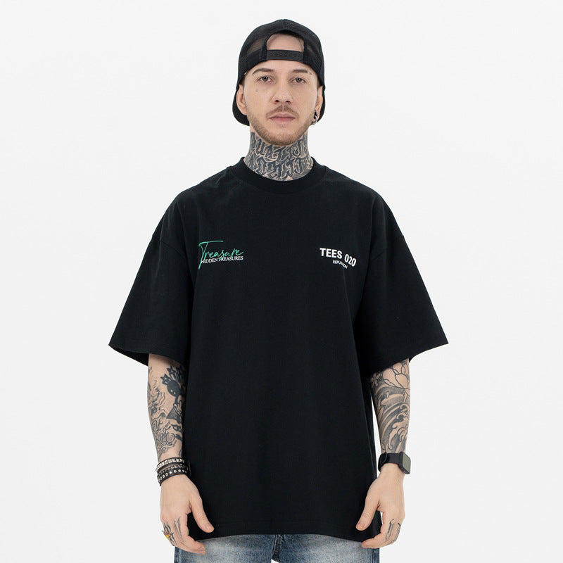 Model front view minimal art style 020 letter graphic t-shirt.