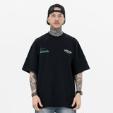 Model front view minimal art style 020 letter graphic t-shirt.