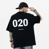 Model back view minimal art style 020 letter graphic t-shirt