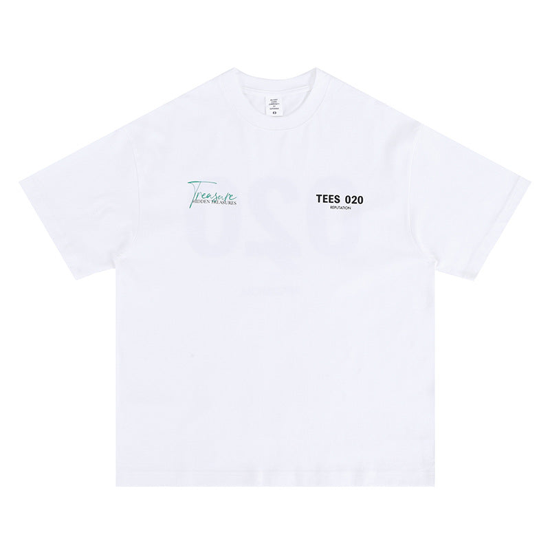 Flat lay white minimal art style 020 letter graphic t-shirt