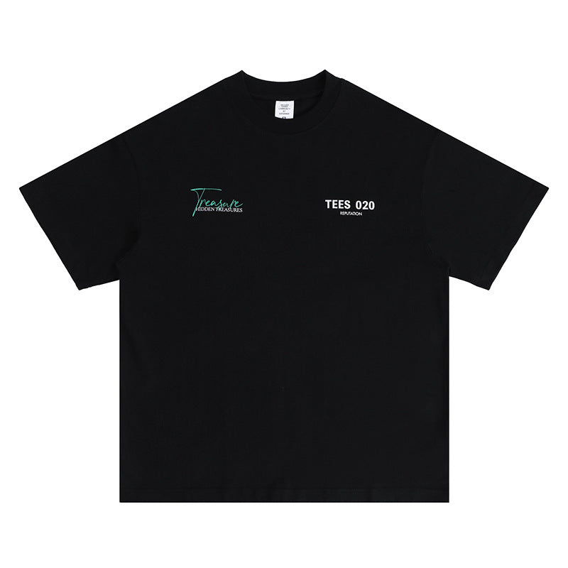 Flat lay black minimal art style 020 letter graphic t-shirt