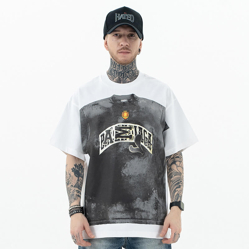 Model wearing front view of one more tee vintage street graffiti graphic t-shirt.
