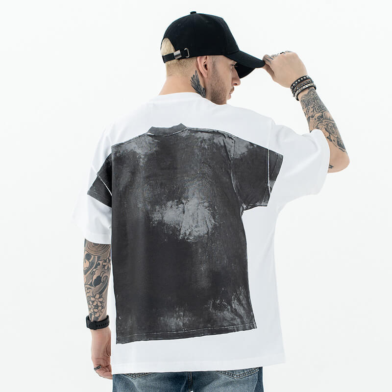 Model wearing back view of one more tee vintage street graffiti graphic t-shirt.