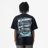 Model wearing back view of black
qlacw brand street fashion graphic t shirt.