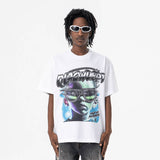 Model wearing front view of white qlacw brand street fashion graphic t shirt.