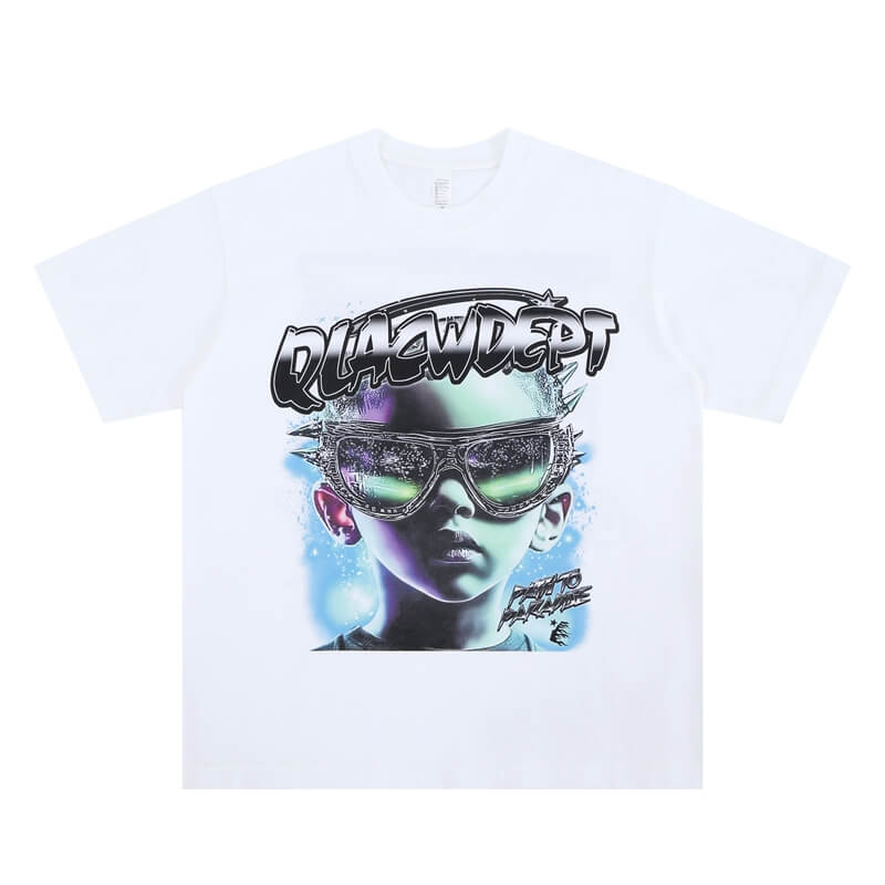 Flat lay of a white qlacw brand street fashion graphic t shirt.