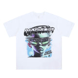 Flat lay of a white qlacw brand street fashion graphic t shirt.