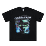 Flat lay of a black qlacw brand street fashion graphic t shirt.