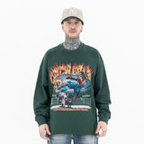 Front view of a model wearing a 'QLACW' flame logo street cotton long sleeve T-shirt.