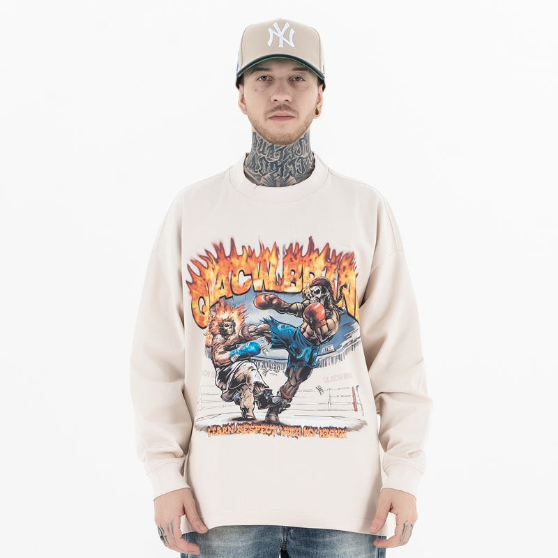 Front view of a model wearing a 'QLACW' flame logo street cotton long sleeve T-shirt.