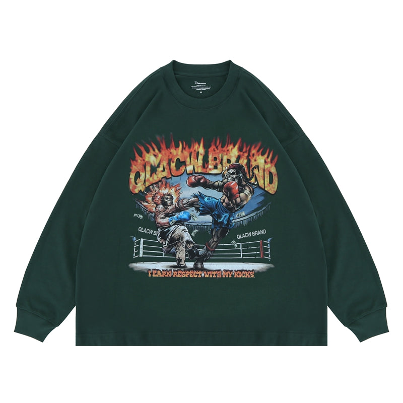Flat lay of a 'QLACW' flame logo street soft cotton long sleeve T-shirt.