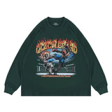 Flat lay of a 'QLACW' flame logo street soft cotton long sleeve T-shirt.