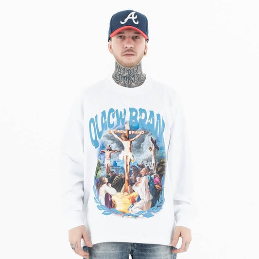 Front view of a model wearing a QLACW logo soft pure cotton long sleeve T-shirt