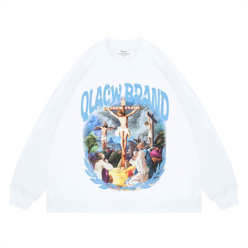 Flat lay of a QLACW logo soft pure cotton long sleeve T-shirt