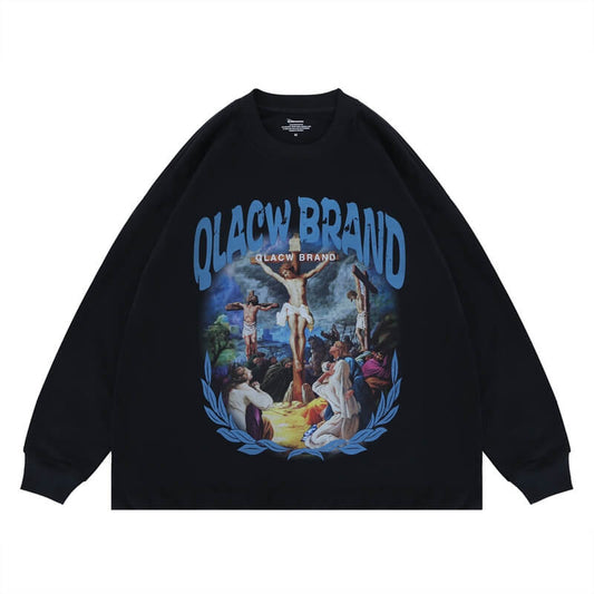 Flat lay of a QLACW logo soft pure cotton long sleeve T-shirt