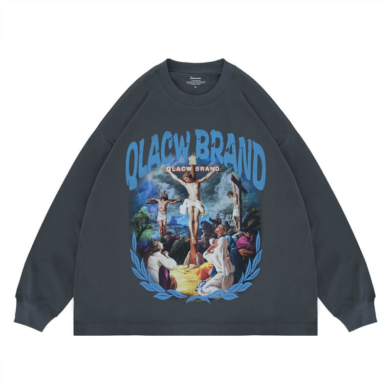 Flat lay of a QLACW logo soft pure cotton long sleeve T-shirt