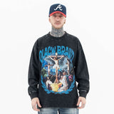 Qlacw crewneck long sleeve t-shirt with jesus cross, model front view.
