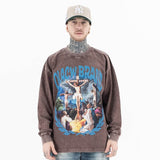Qlacw crewneck long sleeve t-shirt with jesus cross, model front view.