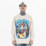 Qlacw crewneck long sleeve t-shirt with jesus cross, model front view.