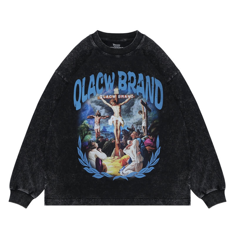 Qlacw black crewneck long sleeve t-shirt with jesus cross, flat lay view.