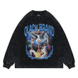 Qlacw black crewneck long sleeve t-shirt with jesus cross, flat lay view.